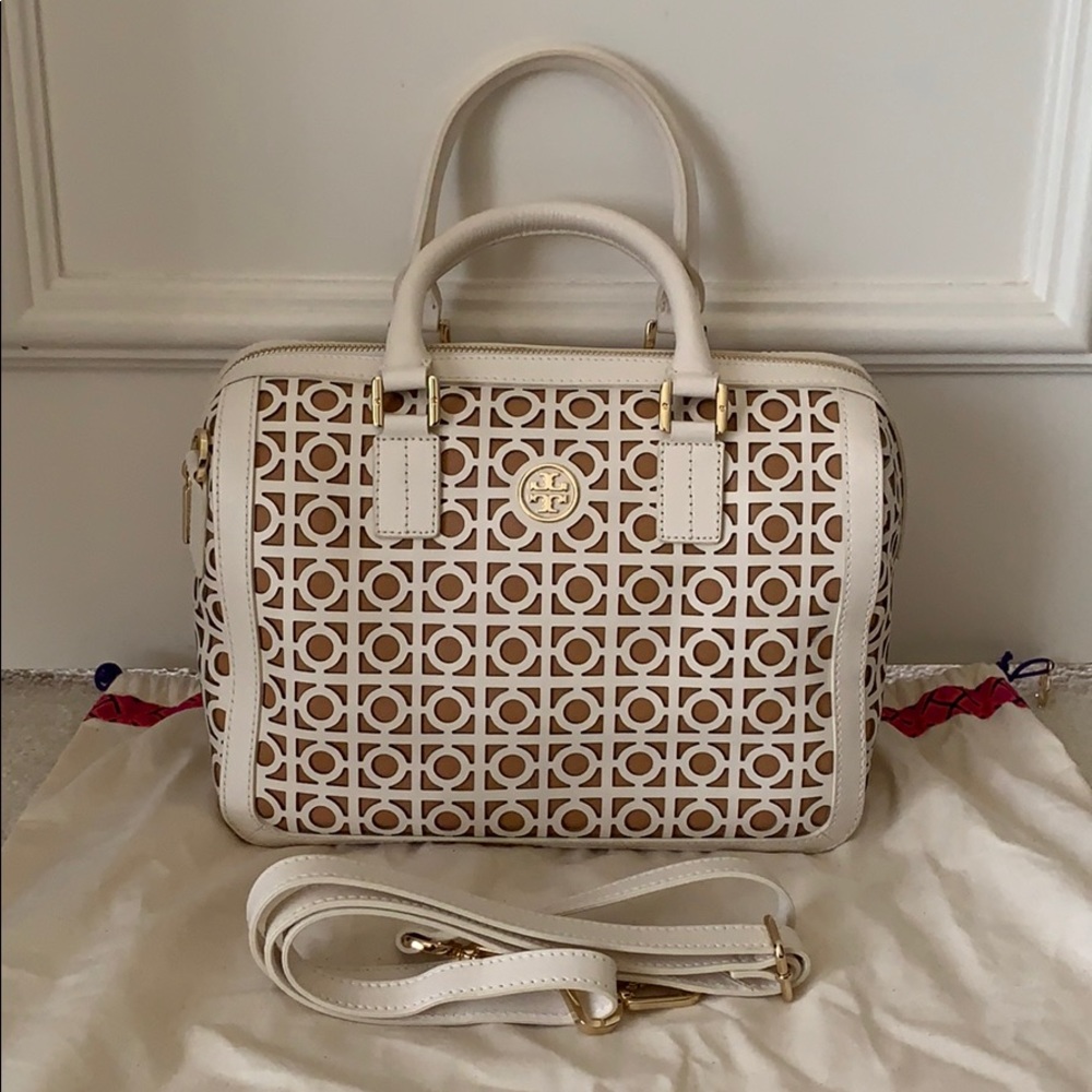 Tory Burch Kelsey Middy Satchel Bag White Leather